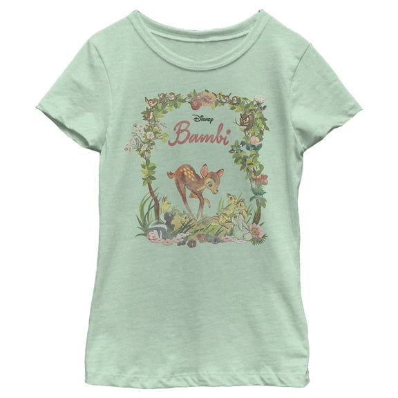 Girl's Bambi Floral Arch and Forest Friends  Graphic Tee Mint Medium