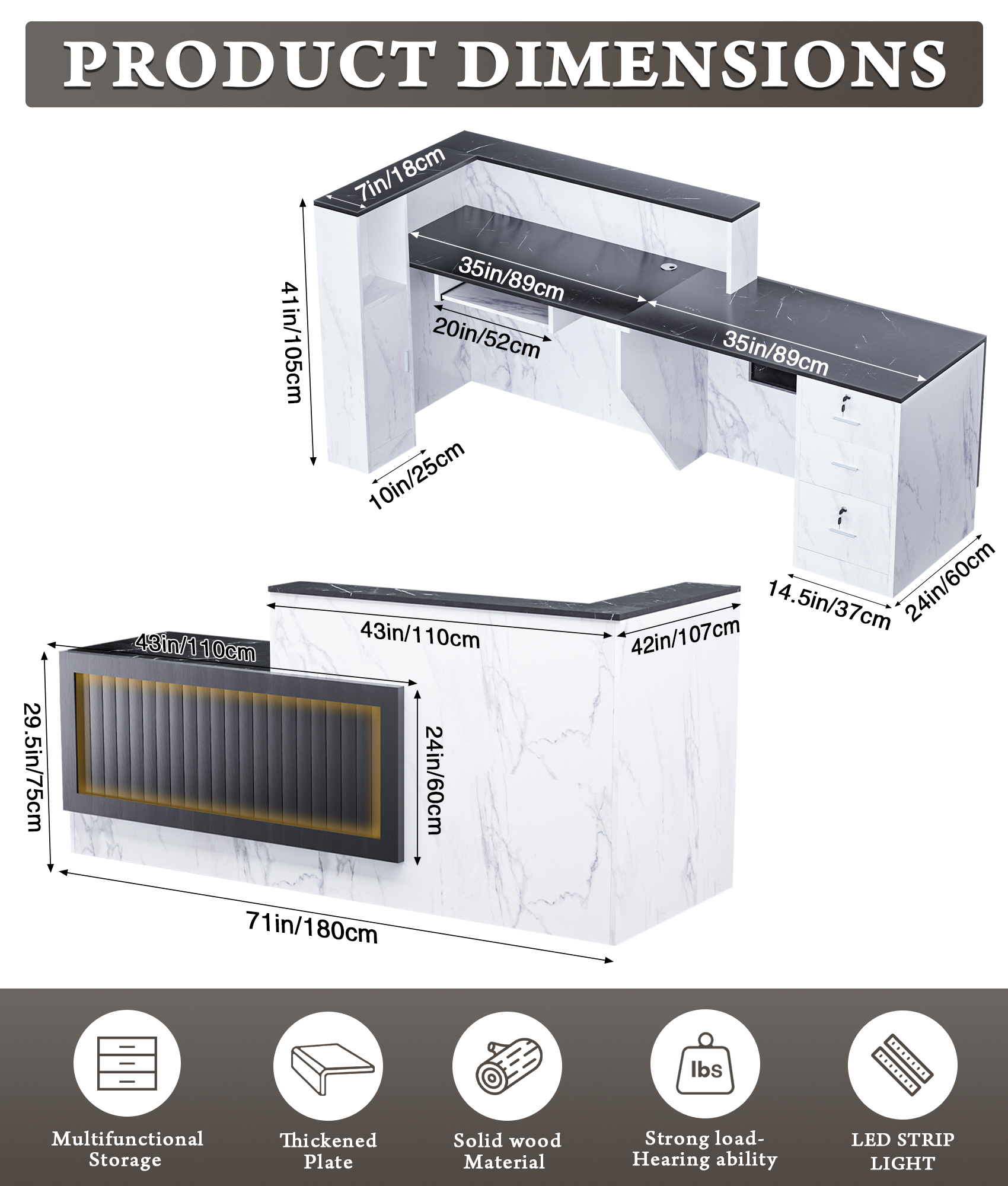 Esheno 71in L Shaped Reception Desk with Storage Drawers Tall Cabinet Lighting 71"H Multicolor for Office School