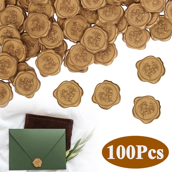 Yalumo 100 Pcs Wax Seal Stickers, 3D Eucalyptus Wedding Invitation Envelope Botanical Seal Stickers, Self- Adhesive Antique Gold Stickers