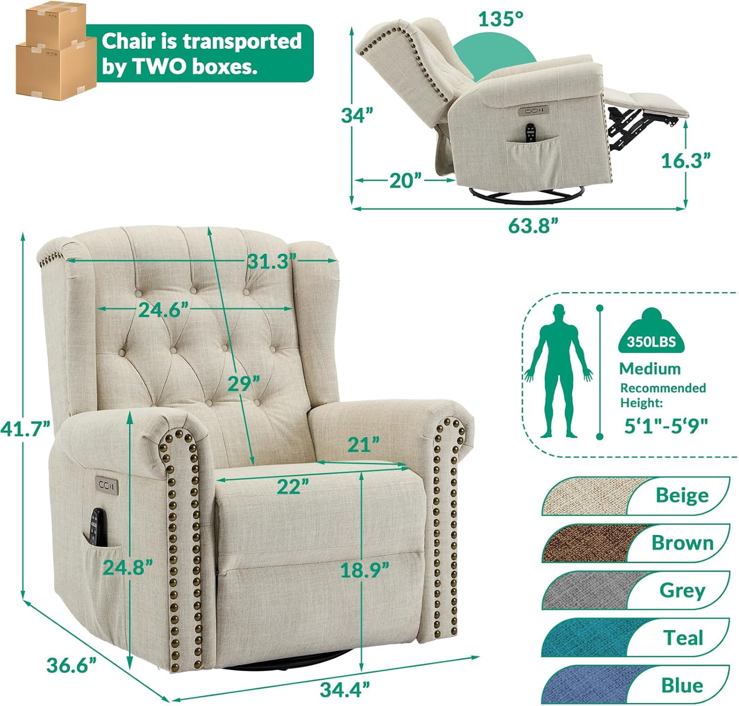 VIVIJASON Power Swivel Rocking Recliner Chair with Massage & Heat, Electric Rocker Glider Chair for Nursery, Wingback Tufted Upholstered Recliner W/Type-C & USB Ports for Living Room, Bedroom, Beige