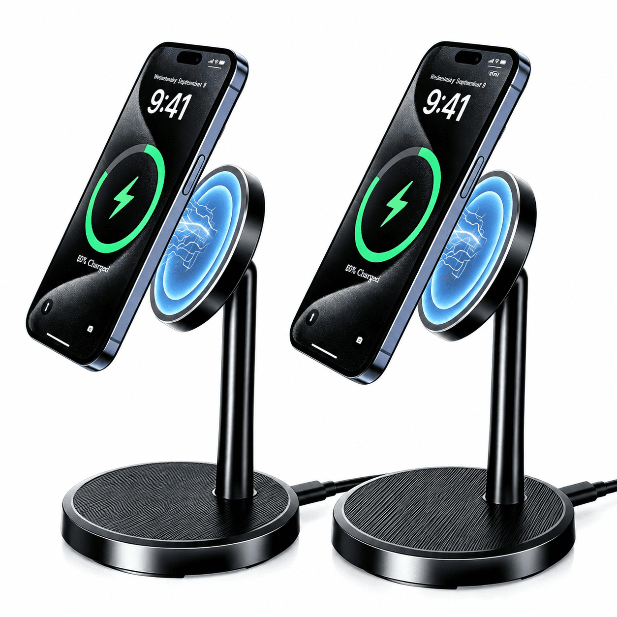 2 Pack Magnetic Wireless Charger Stand, 15W Fast Phone Charging Dock with USB-C Cable for iPhone 17 16 15 14 13 12 Series, Wireless Charging Station for AirPods, Black
