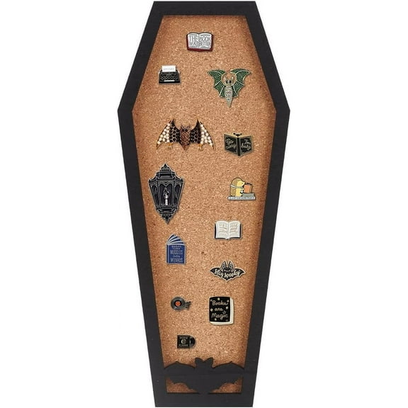 1pc Coffin with Bat Wall Mounted Brooch Jewelry Display Cork Tray Wooden Enamel Pins Collection Display Board Holder with Alloy Hook Black 28.6x12x1.8cm