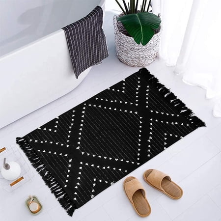 CF Boho Black Bathroom Rug 2x3 Washable Throw Rugs, Small Cotton Woven Bath Mat, Moroccan Area Carpet with Tassel for Entryway Kitchen Sink Front Door