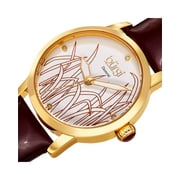 Womens Diamond Reed Design Dial Gold-Tone/Burgundy Leather Strap Watch