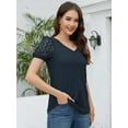 thumbnail image 4 of SHOWMALL Women's Trendy Waffle Knit Blouse Puff Short Sleeve Hollow-Out Lace Tops Casual Loose Summer V Neck T Shirts, US Size 2XL, Navy Blue, 4 of 8
