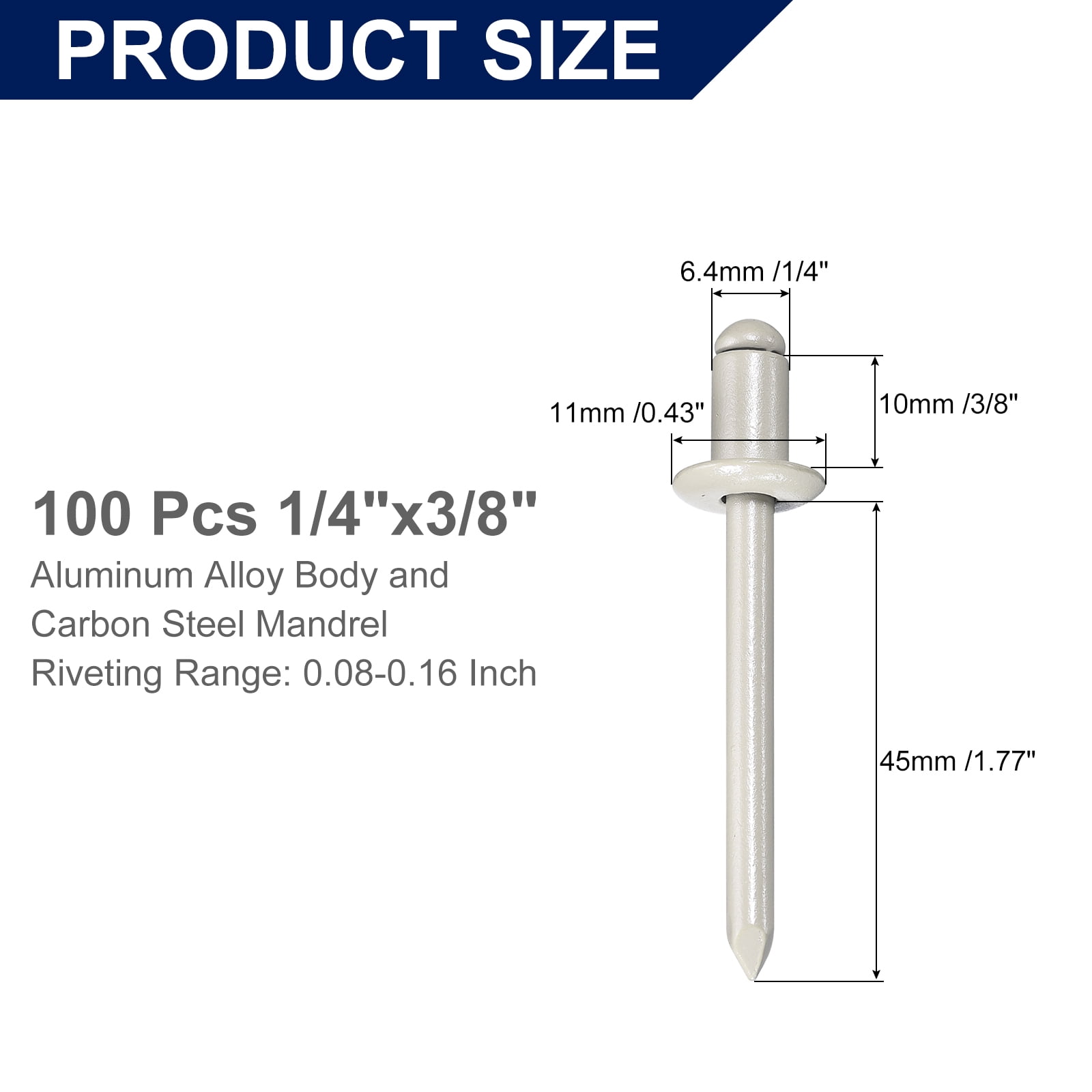 Uxcell 100Pcs 1/4"x3/8" Aluminum Blind Rivets, Dome Head Long Split Rivets, Gray
