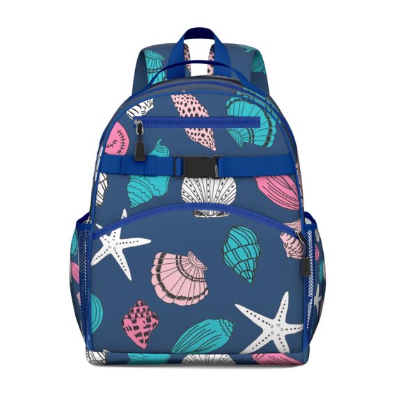 Tropical Seashell Beach Students Backpack with Nautical Shell, Starfish, Marine Life, Sea Coral, Fish and Cute Spiral Seashell Artwork