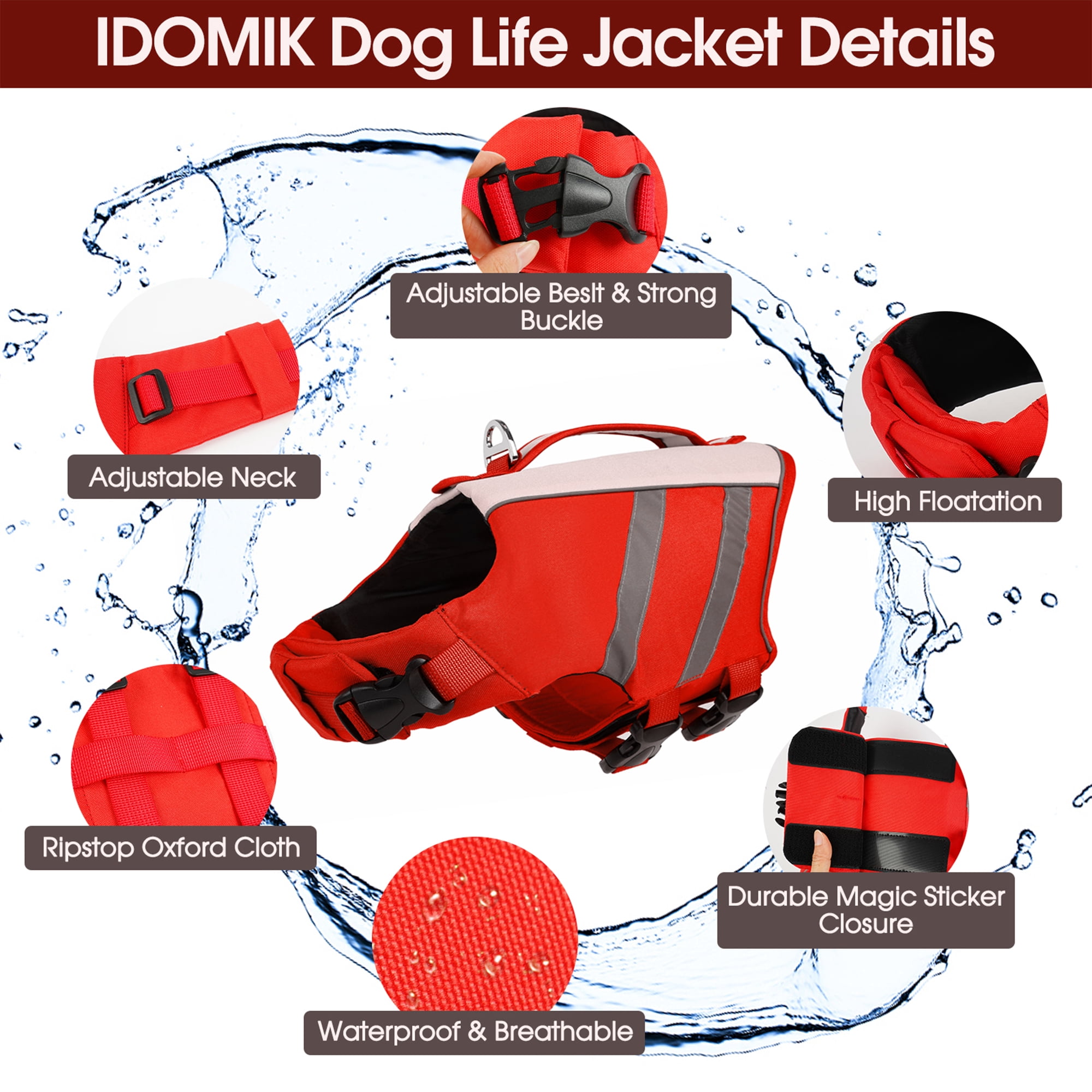 IDOMIK Dog Life Jacket with Reflective Strips, High Flotation Small Dog Swim Vest with Rescue Handle and D-Ring for Boating, Swimming and Surfing, Red