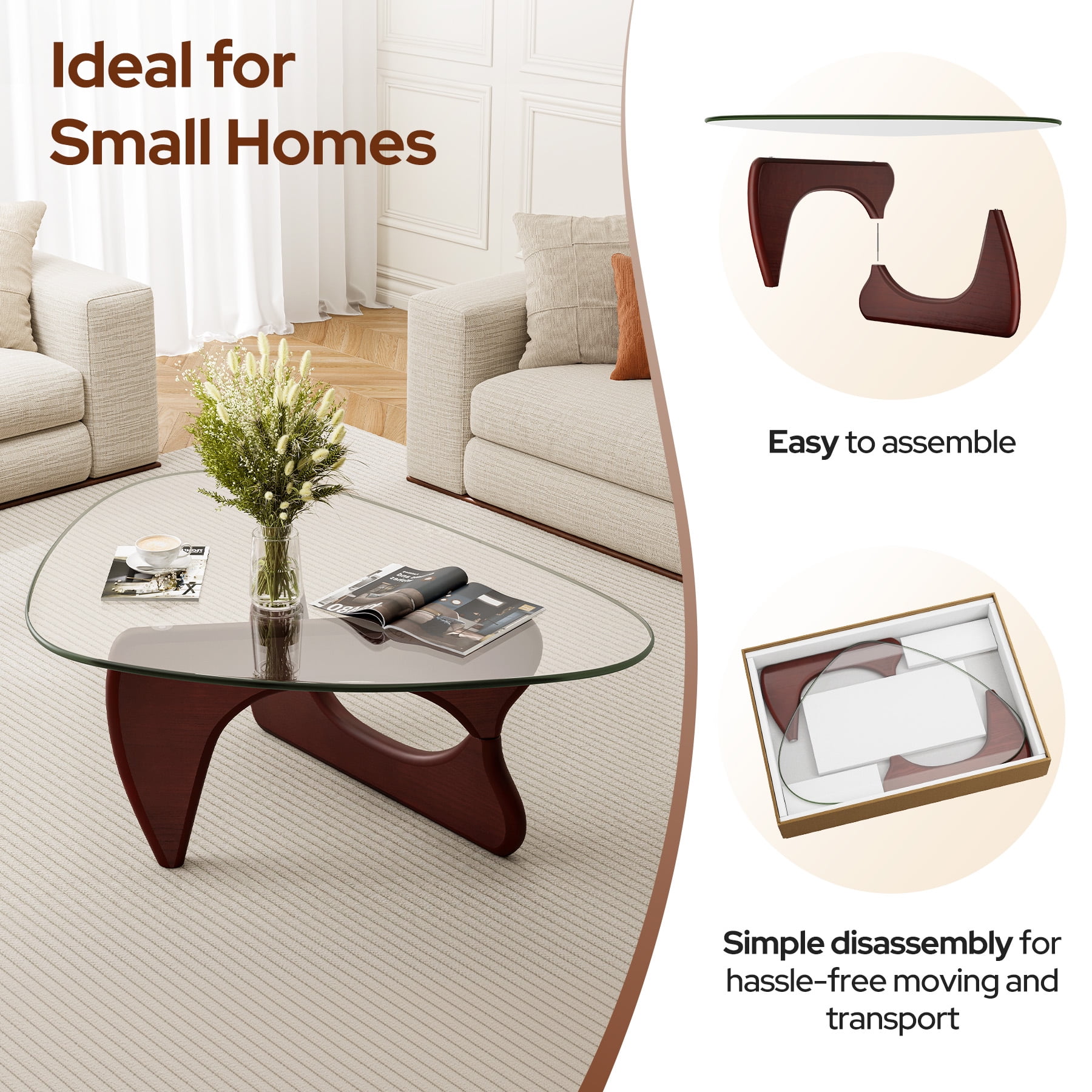 Modern Glass Coffee Table for Living Room for Bedroom Living Room, Office, Dark Walnut, 35"