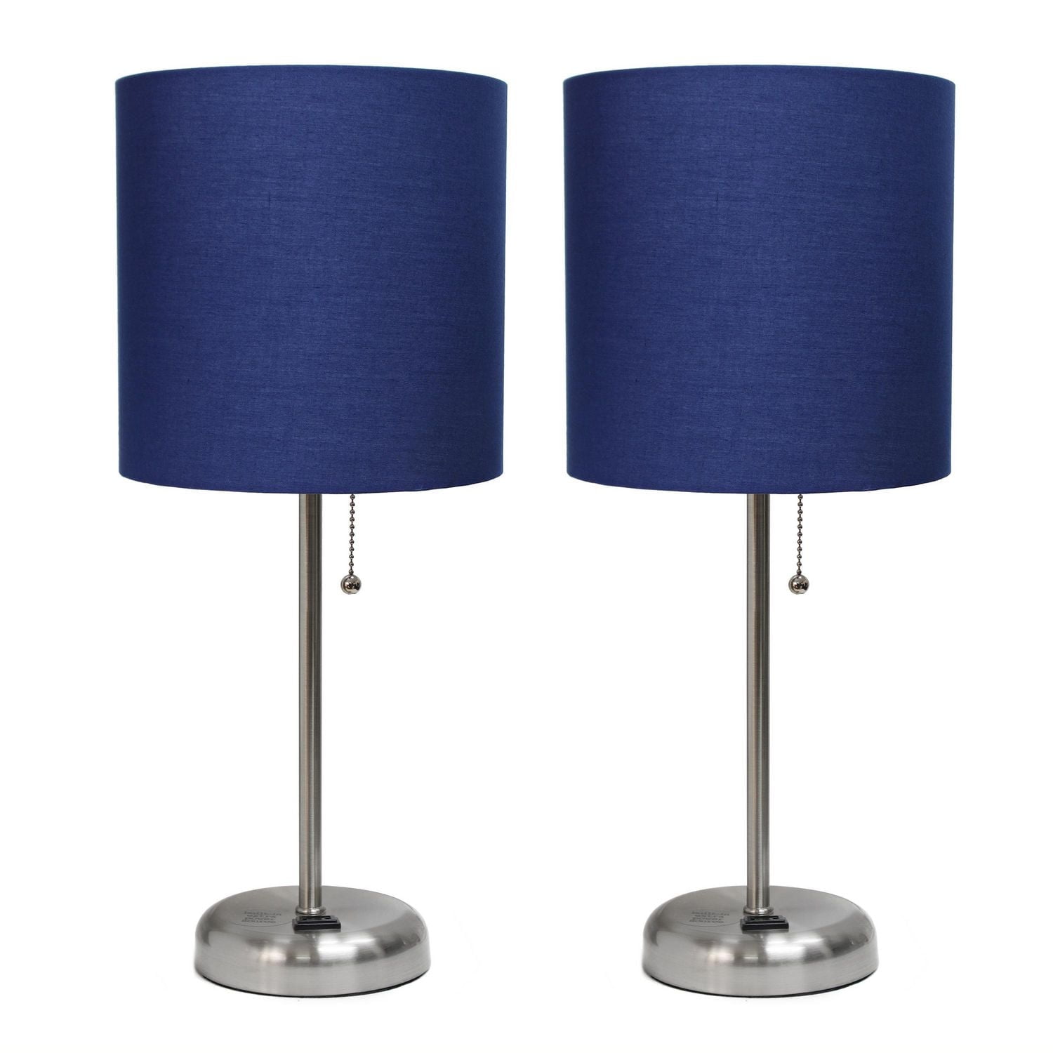 LimeLights Brushed Steel Stick Lamp with Charging Outlet and Fabric Shade 2 Pack Set