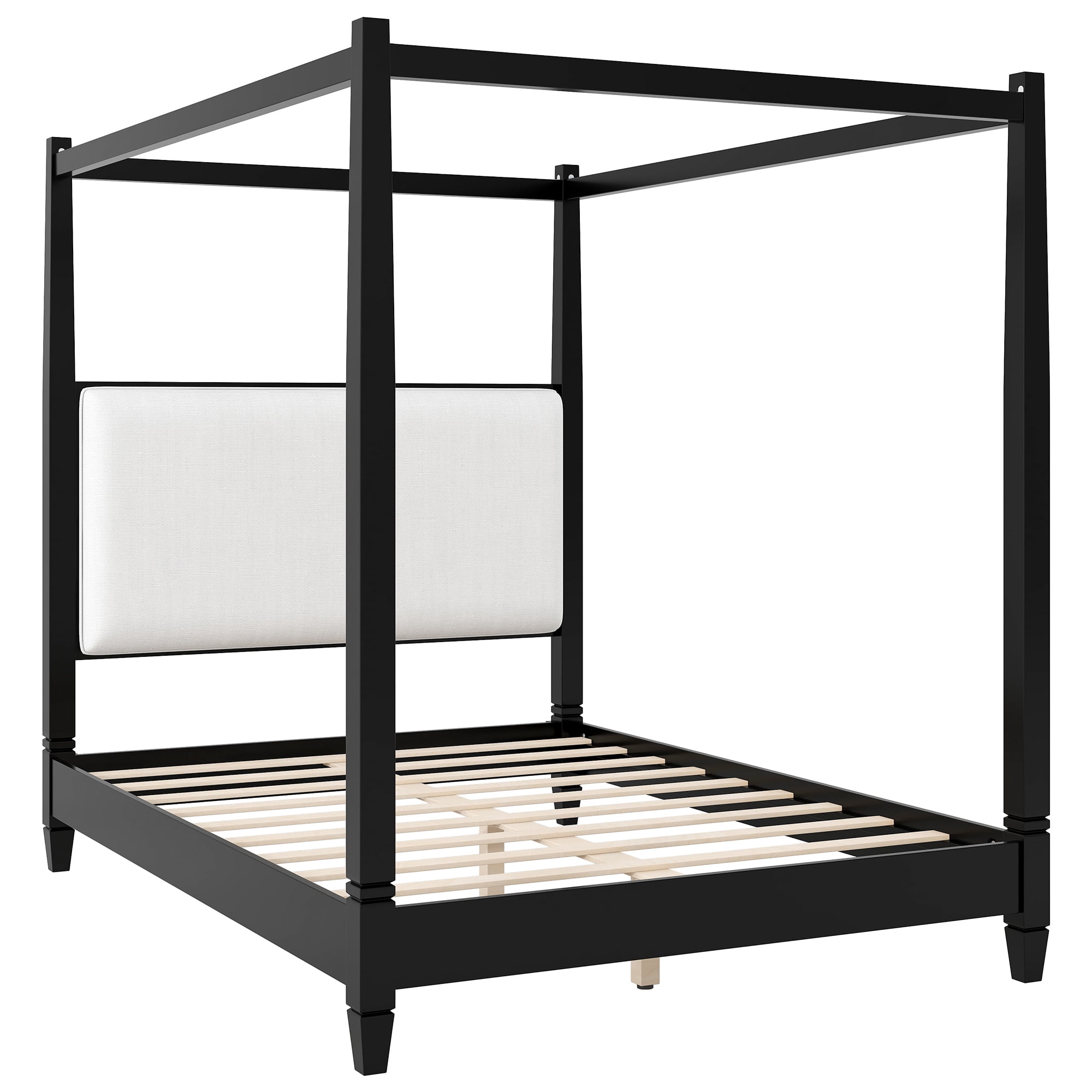 Euroco Wood Queen Size Canopy Platform Bed with Upholstery Headboard, Black