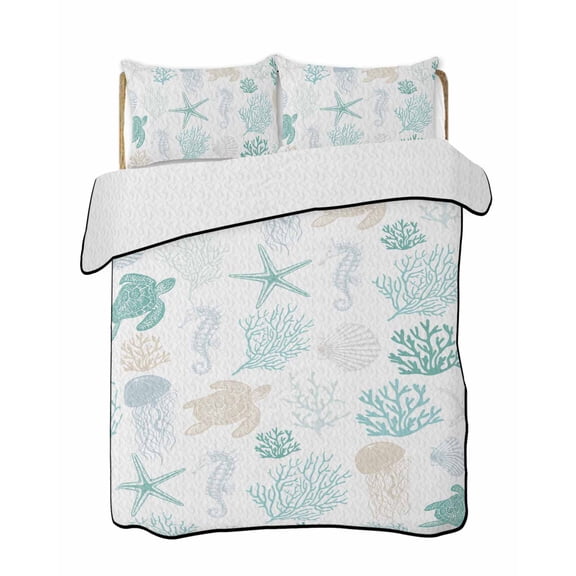 Quilts King Size Bedding Set, Teal Coastal Lightweight Quilted Comforter, Nautical Summer Beach Coral Sea Turtle Soft Reversible Bedspread Coverlet with Pillow Covers for All Season, 96" x 106"