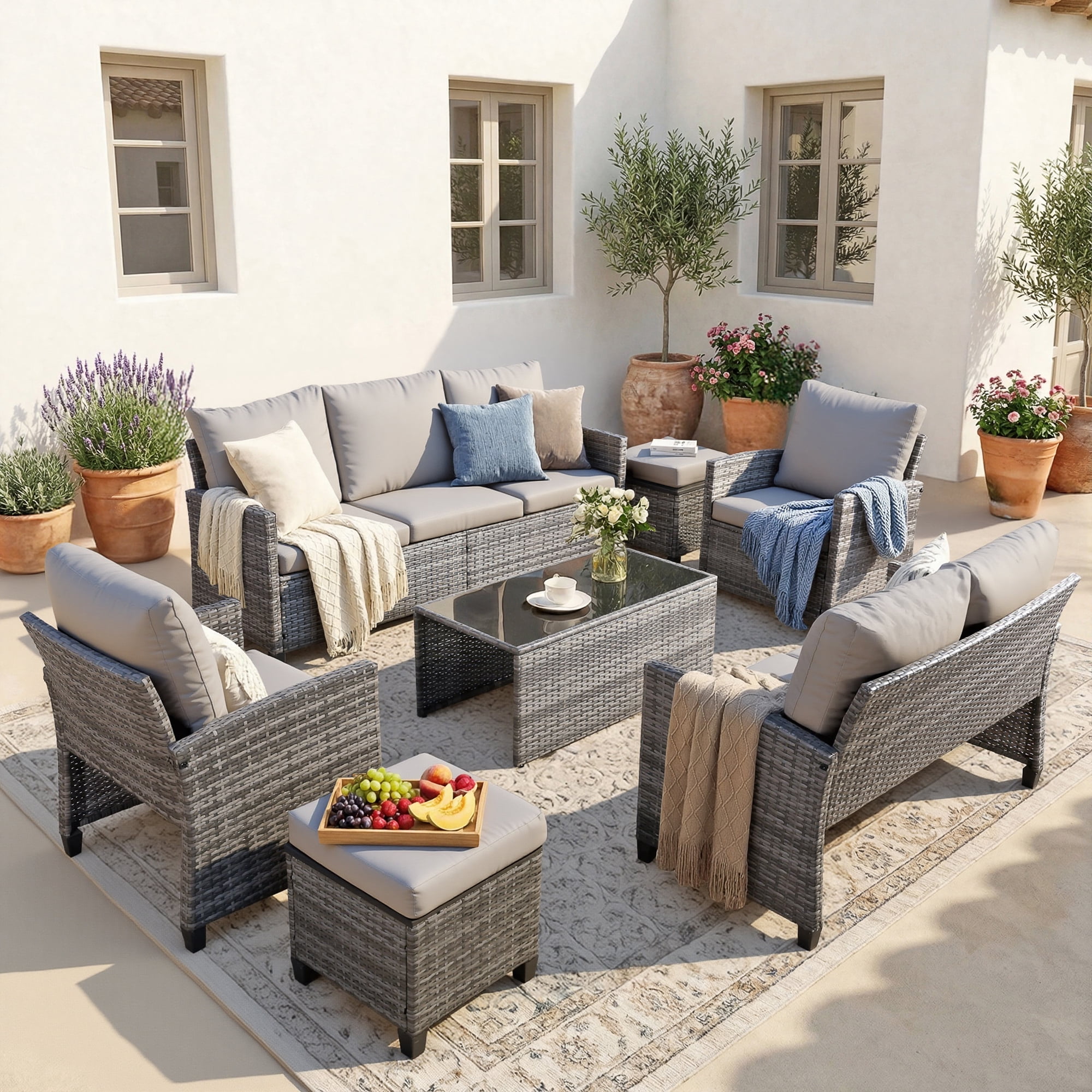 Outdoor Patio Furniture Sets Wicker Conversation Set PE Rattan Sectional Sofa Couch with Ottomans, and Coffee Table for Backyard, Porch and Garden(gray&gray)