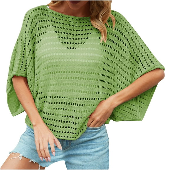 loopsun Plus Size Tops for Womens,Womens Summer Tops,Women Casual Loose Solid Color Hollow-Out Short-Sleeved Round Neck Casual Tunic Tops Blouse Green XL