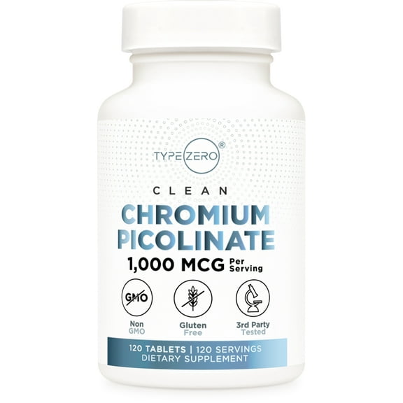 Type Zero Clean Chromium Picolinate Tablets (120 Count) 1,000 MCG Per Serving - Non-GMO, Gluten Free