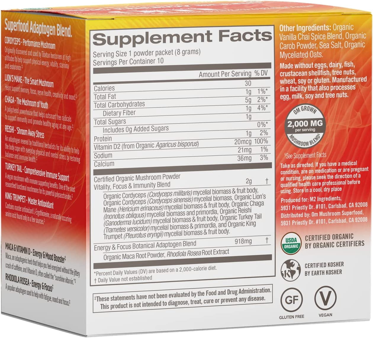 Om Mushroom Superfood Morning Energy Blend Mushroom Powder Drink, Single Serve, 10 Count