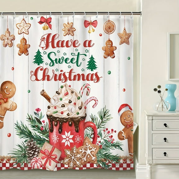 JOOCAR Have a Sweet Christmas Polyester Shower Curtain with Gingerbread, Candy Cane, and Cupcake Design for Home Bathroom Bath Tub Decoration 72x72 inch
