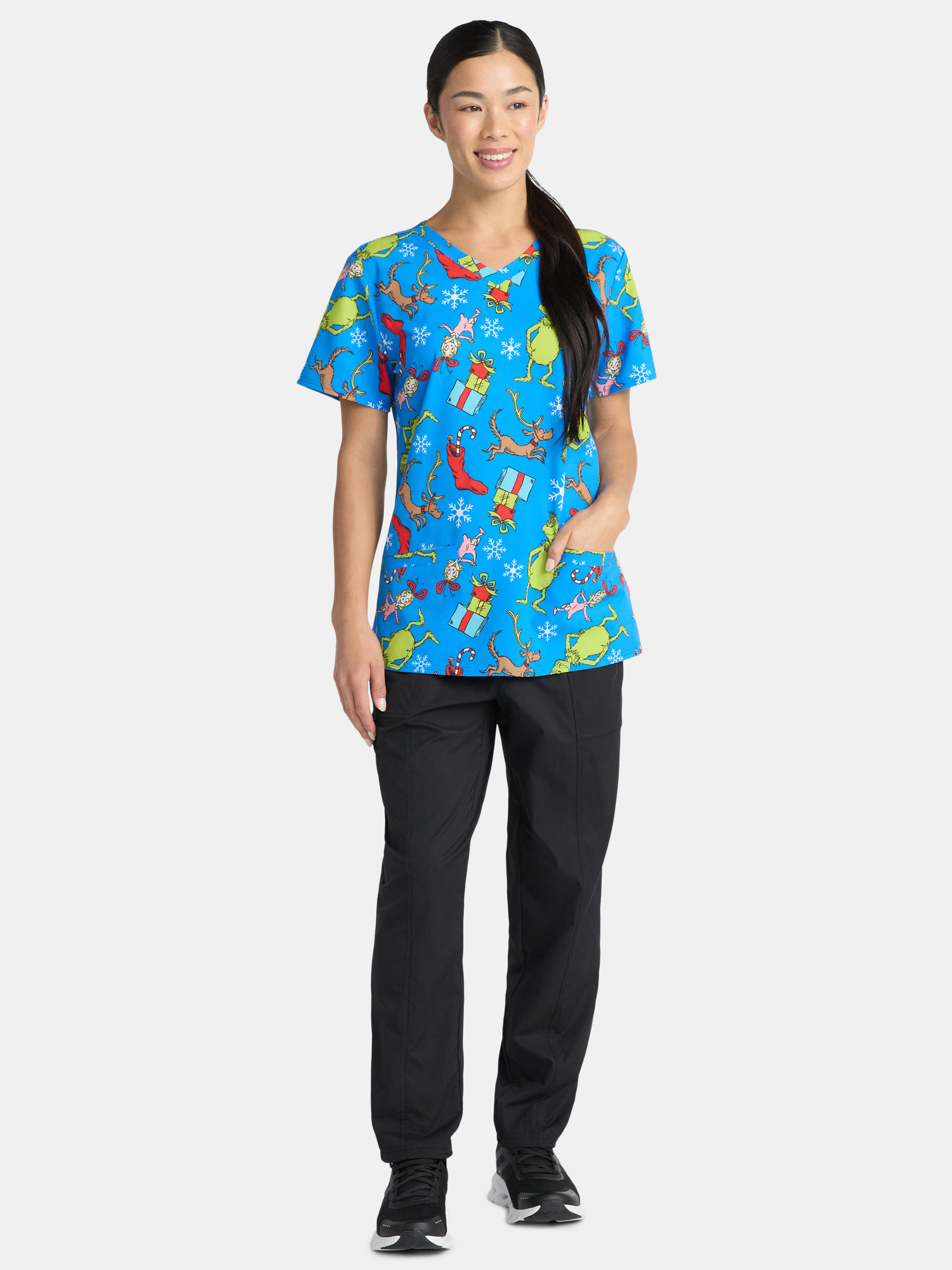 Dr. Seuss Women's Holiday Scrub Top with Short Sleeves, Sizes S-3XL