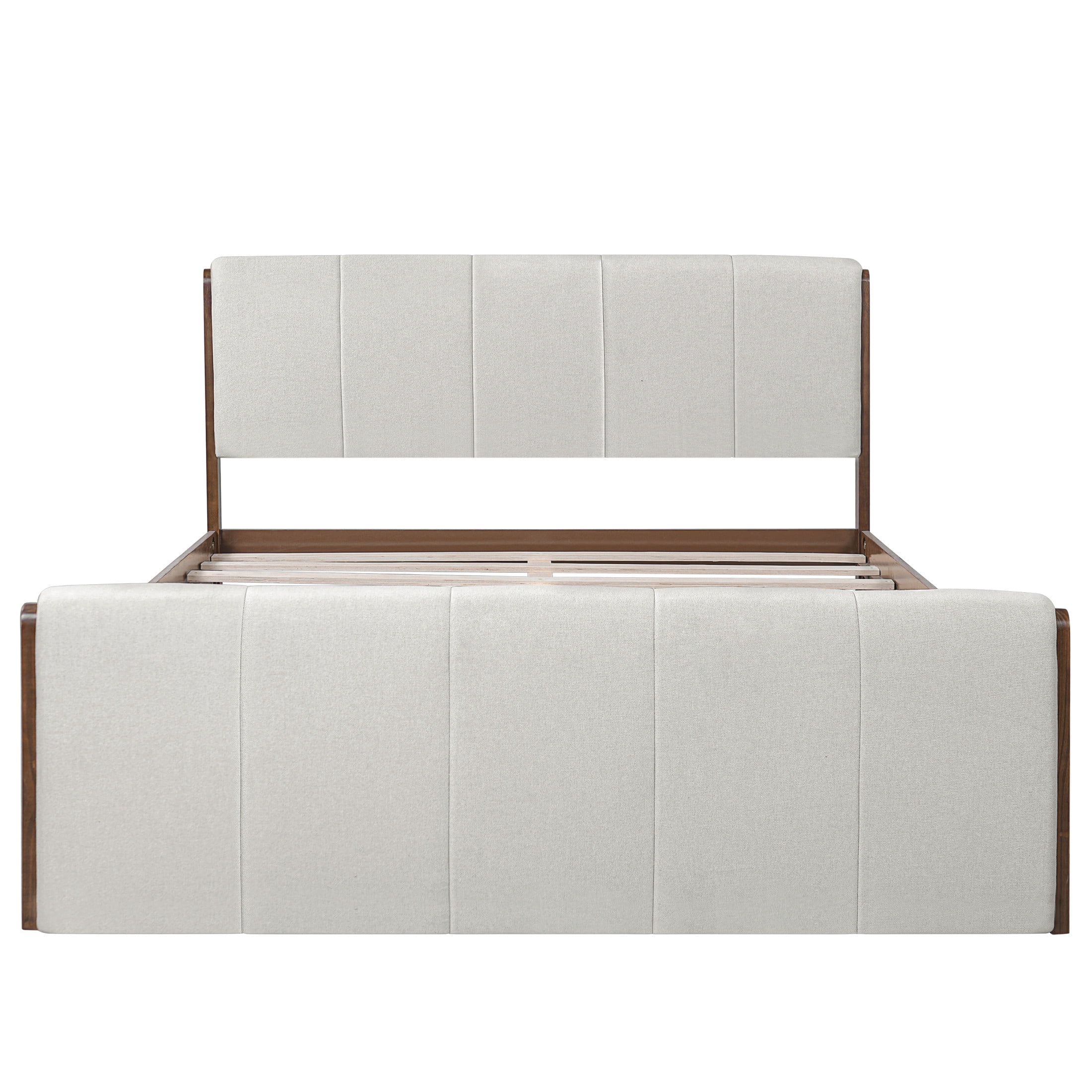 Christopher Knight Home Queen Upholstered Bed Frame, Platform Bed with Wood Trim, Gray + Walnut