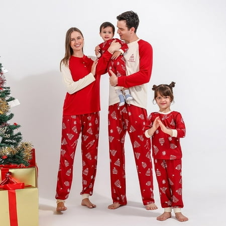 

Christmas Matching Family Pajamas Sets Merry Christmas Embroidery Red Tops and Pants Sleepwear 2Pcs Sets
