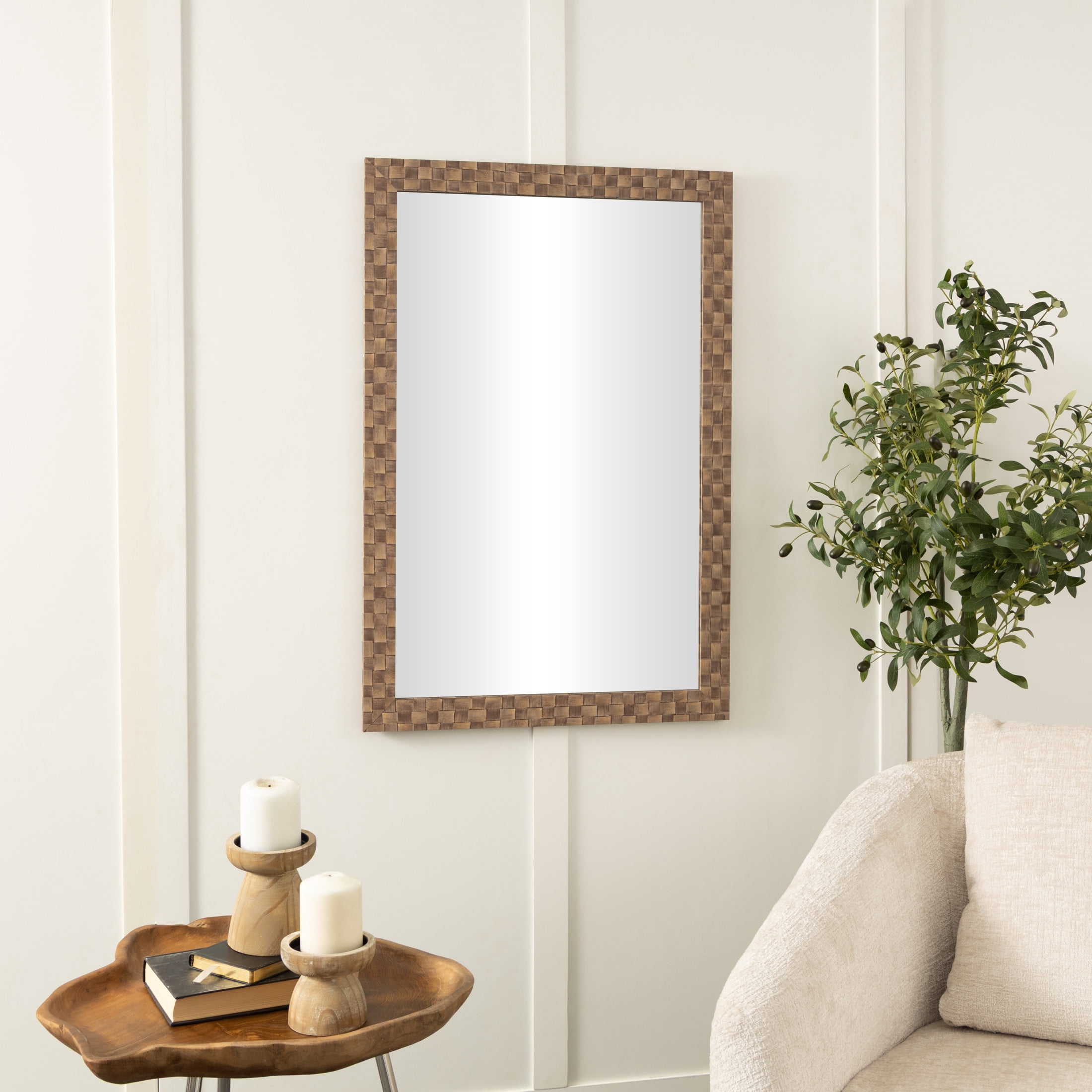 DecMode 24" x 36" Brown Wall Mirror with Checkered Pattern Frame