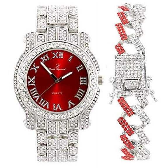 Charles Raymond Blinged Out Silver Round Luxury Mens Hip Hop Wristwatch w/Iced Out ZZ Design Bracelet - L0504B (L0504RNB ZZ Silver Blood Red)