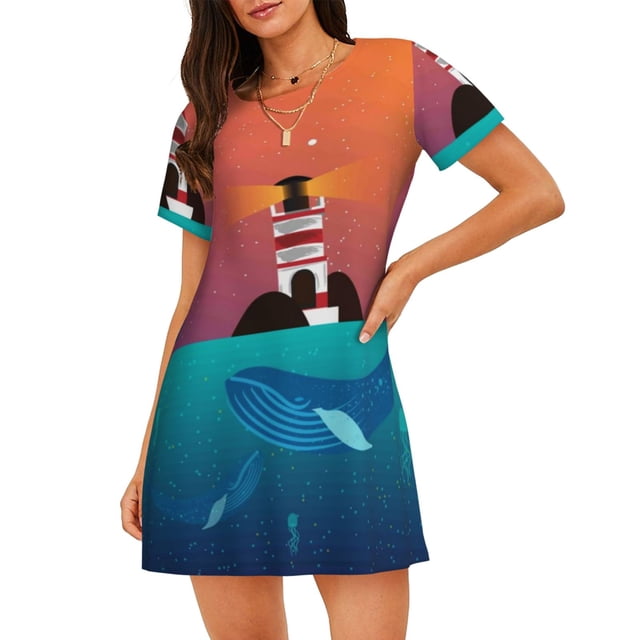 Saiise Chemise de Nuit à Manches Courtes Motif Phare et Baleine pour Femmes Col Rond Mignonne Robe de Nuit Confortable à Volants