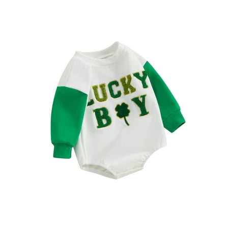 

Mioliknya Baby Romper Long Sleeve Embroidery Letters Shamrock Fall Bodysuit