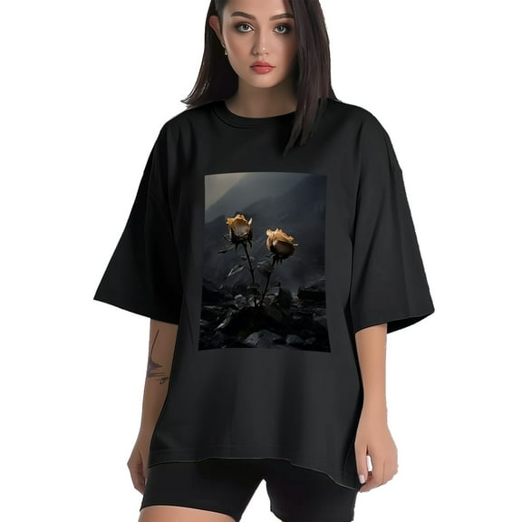 Plus Size Shirt for Women Black Tops for Women Short Sleeves Shirt for Women Roses T Shirt Crewneck Shirt for Women XS
