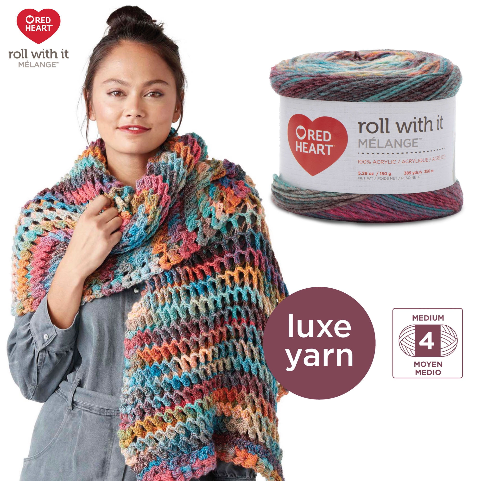 Red Heart® Roll with it melange™ #4 Worsted (Medium) Acrylique Fil, 5.29oz/150g 389 Yards Red Heart Roll with it melange fil