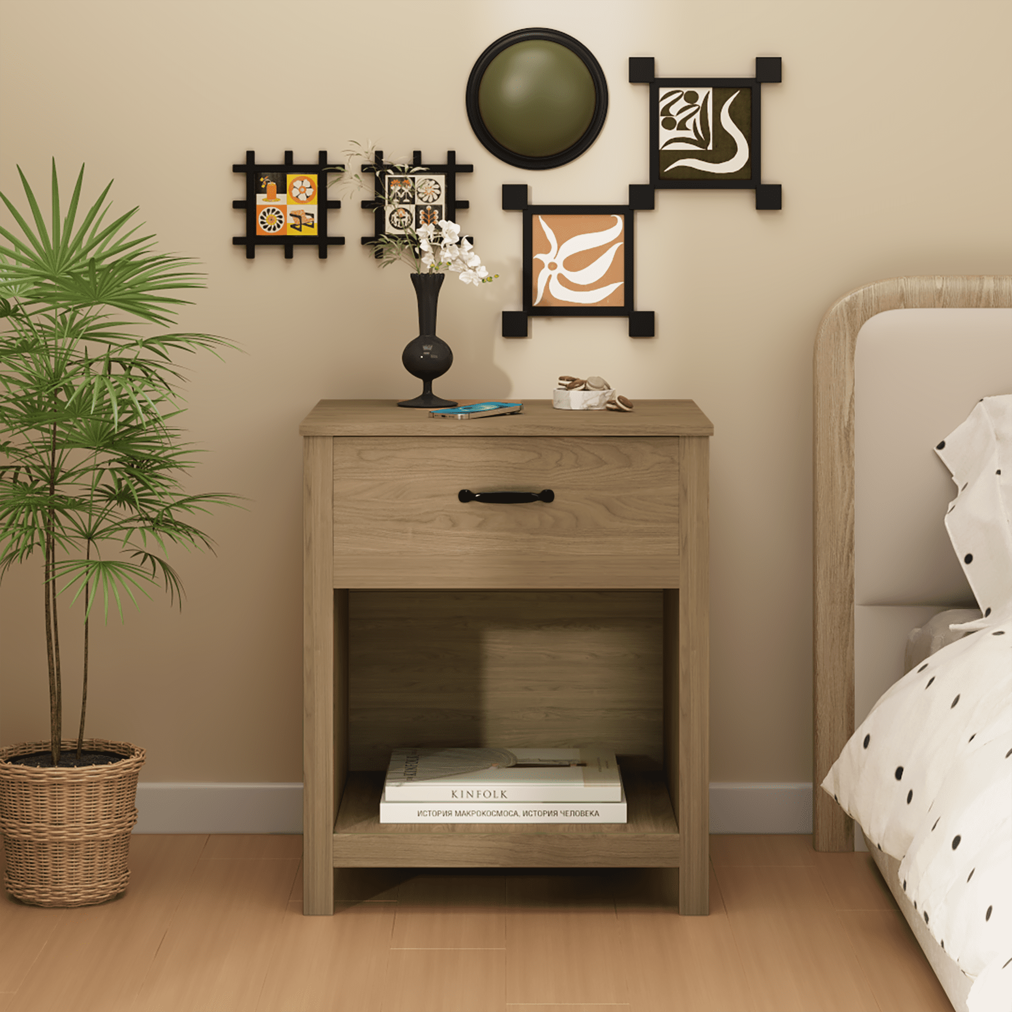 Wood Nightstand with Drawer and Open Shelf, Modern Bedside Table with Storage, Wooden End Table for Bedroom, Living Room or Apartment, Natural Finish, Brown