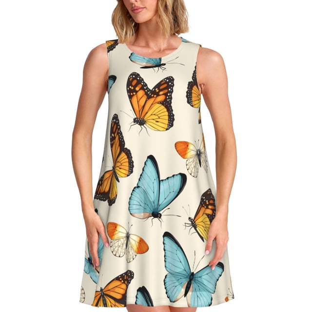 Vsdgher Robes d'Été Imprimé Papillons pour Femmes Robe de Plage Décontractée Col en U Sans Manches Robe d'Été Ample avec Poche