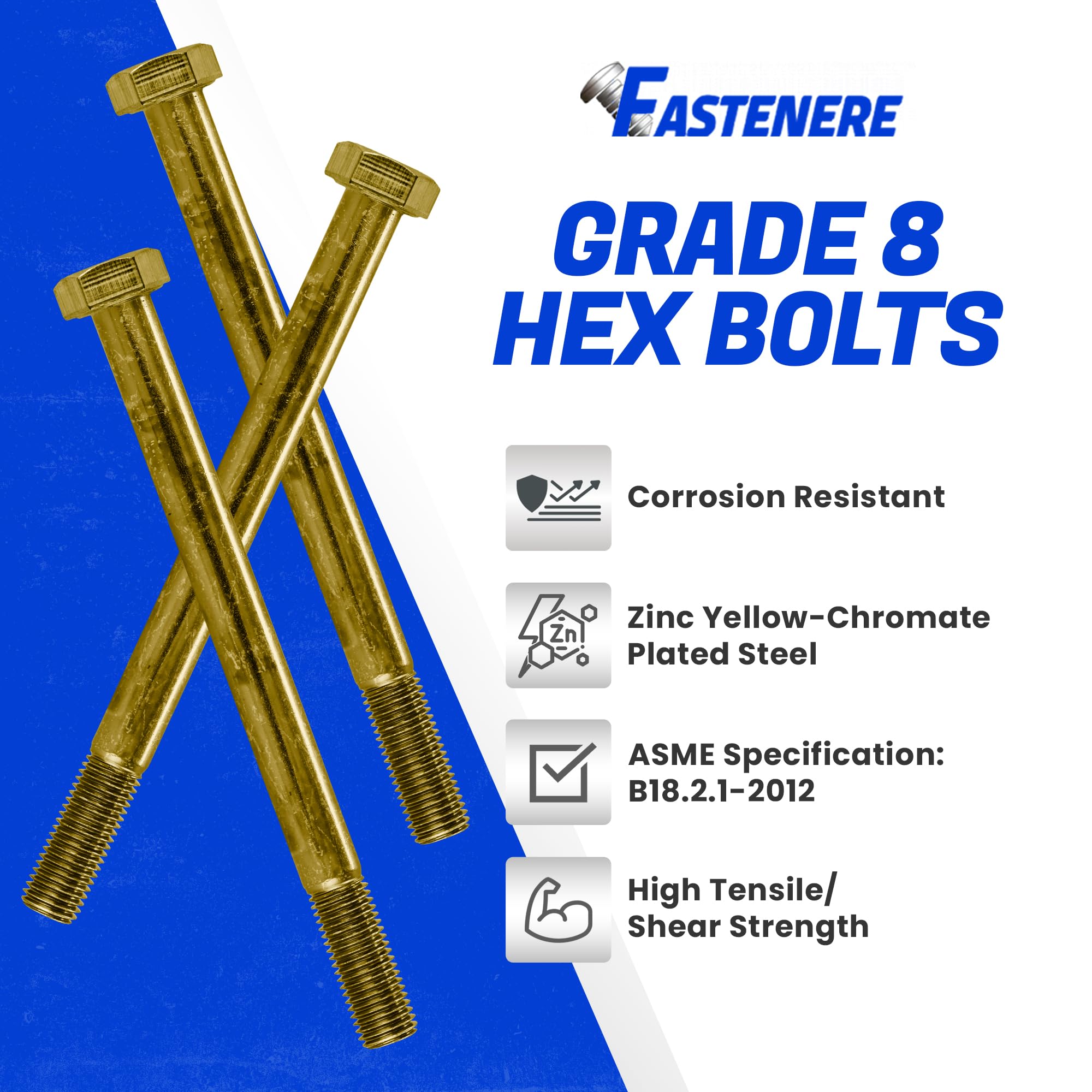 Fastenere 5/16"-24 x 4-1/2" Hex Bolts Grade 8 Zinc Yellow-Chromate Plated Steel, Partial Threaded Durable Hex Bolts for Machinery & Construction, Rust-Resistant, Heavy-Duty Fasteners, Pack of 10