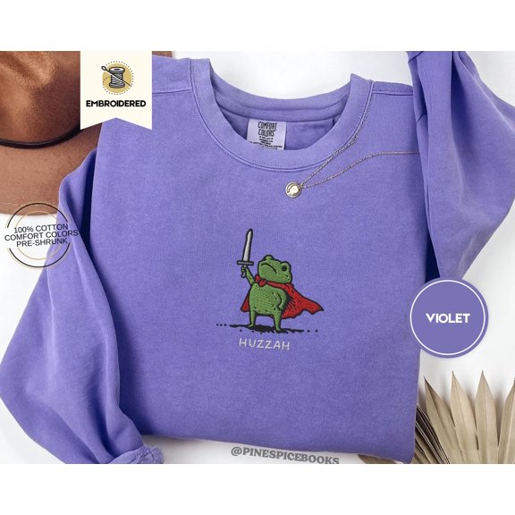 Huzzah Frog with Sword Sweatshirt, Embroidered Comfort Colors 1566, Funny DnD Pullover, Medieval Frog Crewneck, Renaissance Faire Gift