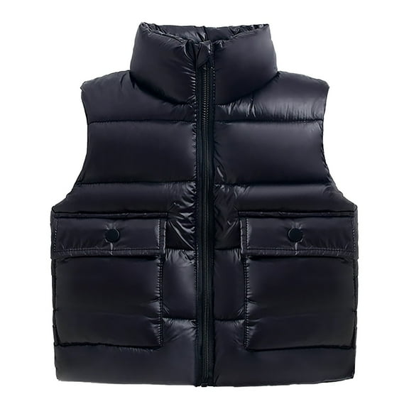 Otqutp Toddler Windproof Tops Baby Boys Girls Sleeveless Collar Solid Color Down Vest with Pockets Smooth Zipper Jacket with Pocket 1-6 Years(Black,18-24 Months)