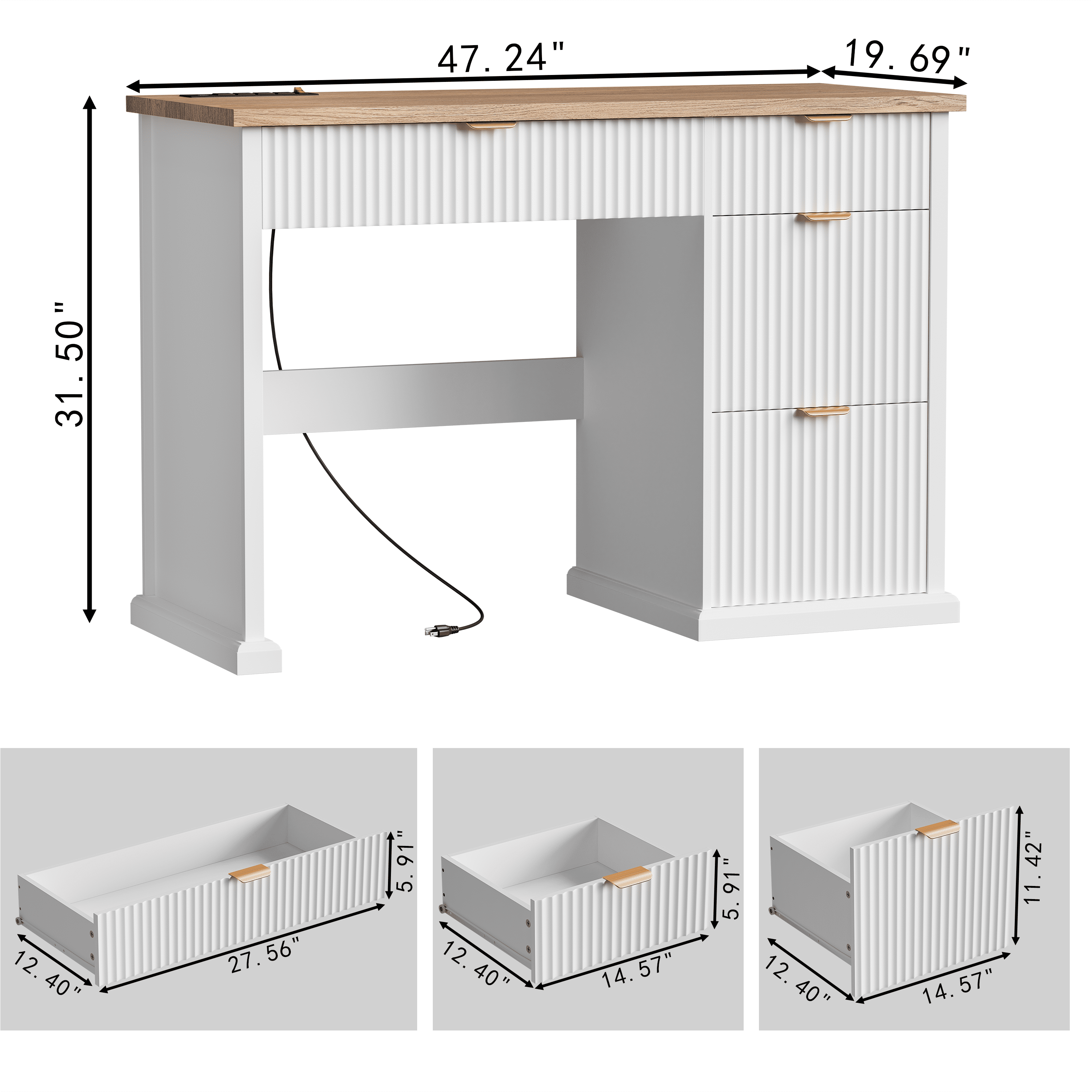 47" Farmhouse Executive Desk, Home Office Desk with Drawers and Charging Station, Wood Home Office Desk, Fluted Computer Writing Desk for Study, Living Room, Bedroom