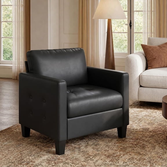 LAZZO Faux Leather Accent Chair, Mid-Century Modern Armchair with Tufted Seat and Armrests for Living Room and Office, Black