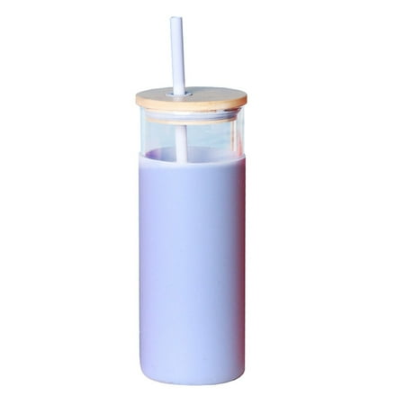 

Silicone Straw Cup with Bamboo Cover High Borosilicate Glass Cup Simple and Convenient Color Straw Cup Purple