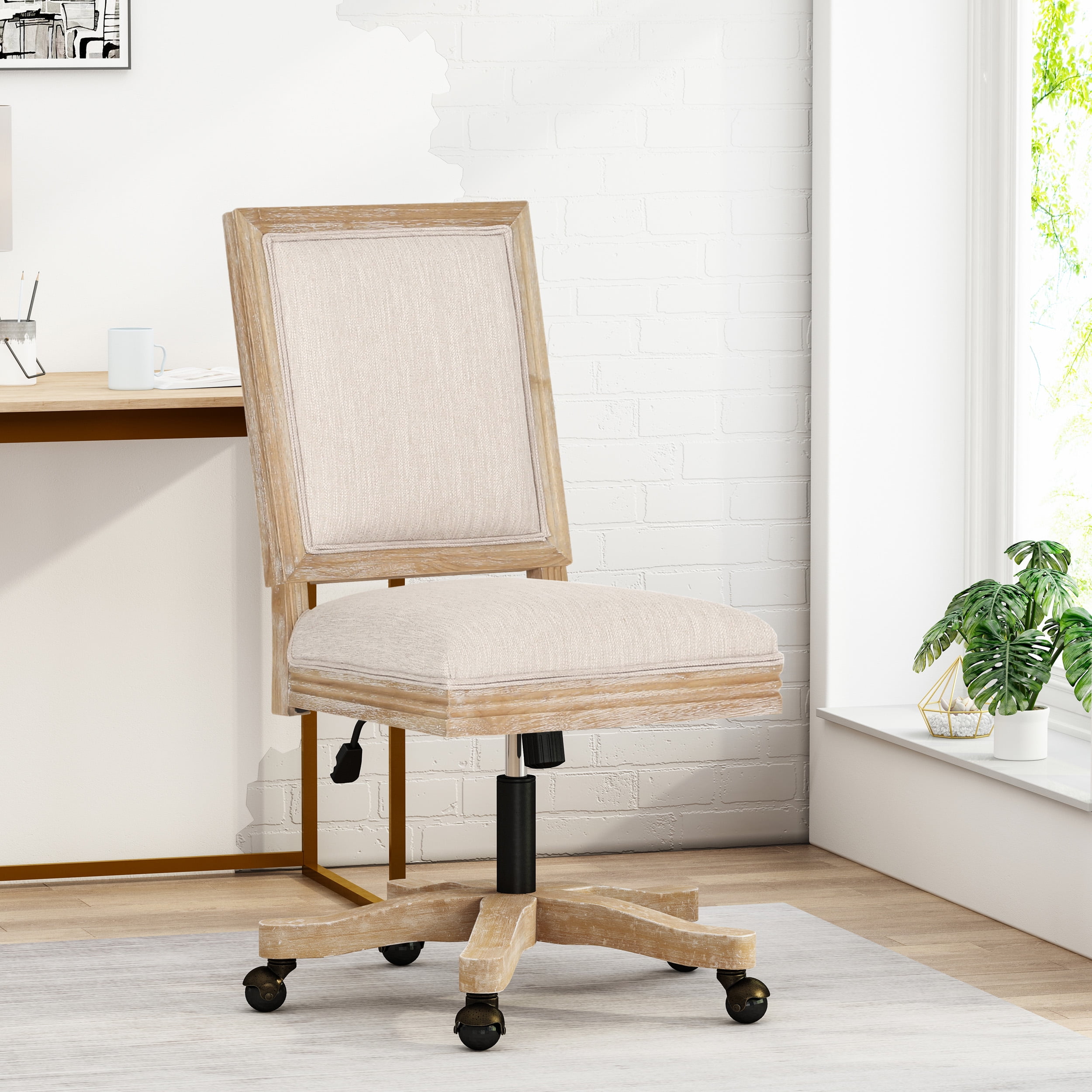 Swivel&Lift Office Chair,Beige+Natural Fabric Furniture Primary Living Space Display Shelving Etageres