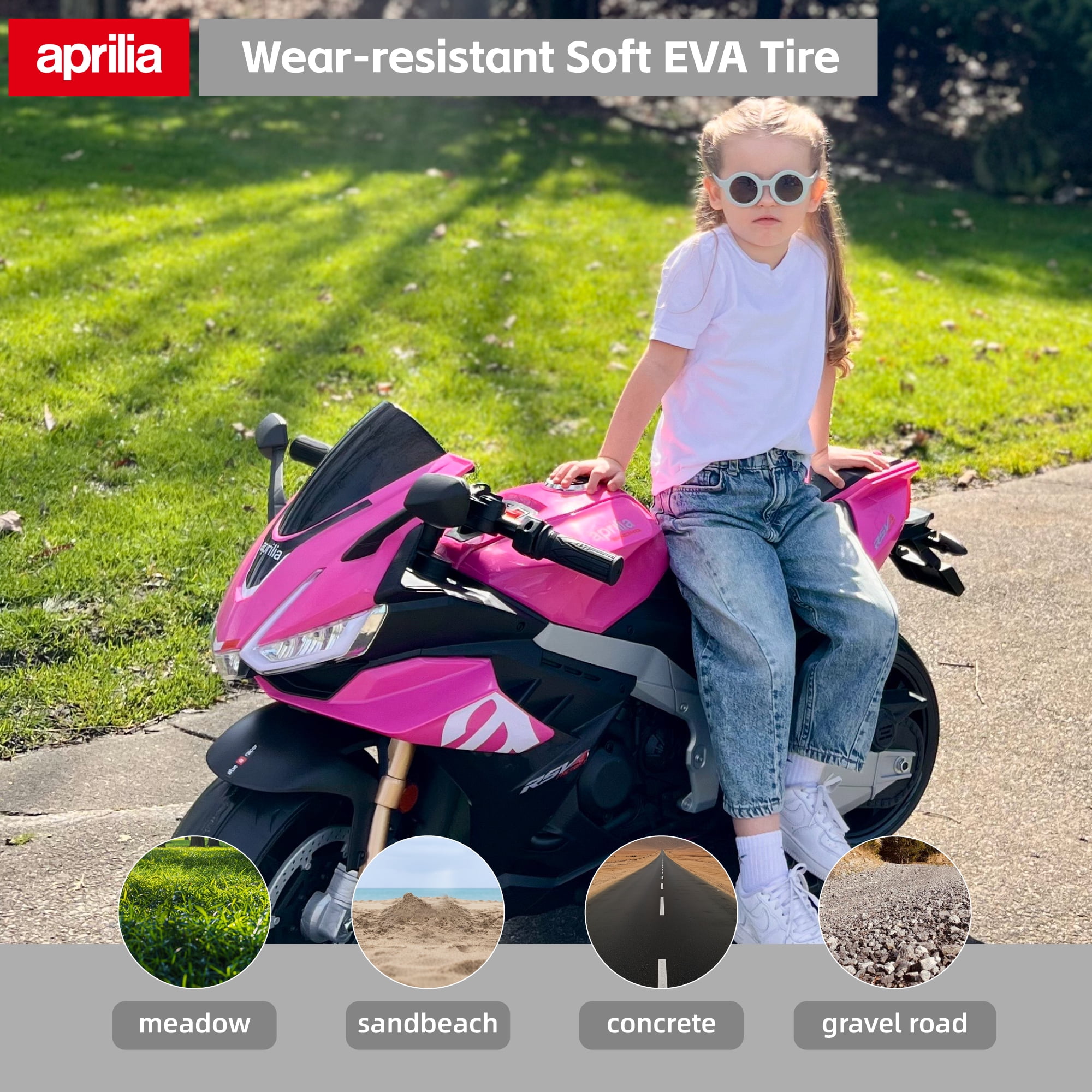 TCARAIWEN 24V Kids Motorcycle Electric Motorbike Aprilia Licensed Ride on Toy w/LED Lights Bluetooth Music Battery Powered 5MPH for Kids 3-11 Years Old,Pink
