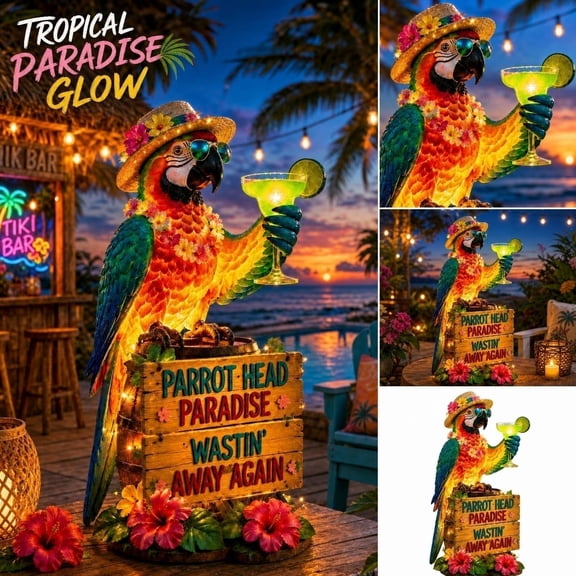 Wastin' Away Again Parrot Solar Garden Light, Colorful LED Outdoor Lamp, Weatherproof Tropical Sculpture with Straw Hat and Ukulele, Durable Resin Parrot Decor for Party, Backyard, Tiki Bar