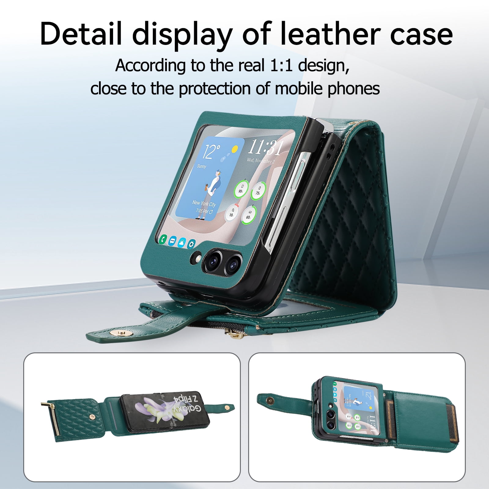 TECH CIRCLE Cover for Samsung Galaxy Z Flip5 Case with Shoulder Strap+Wristlet, Elegant Phone Handbag Design Multiple Card Slots Pocket Wallet Case for Galaxy Z Flip 5 Full Protective Shell-Dark Green
