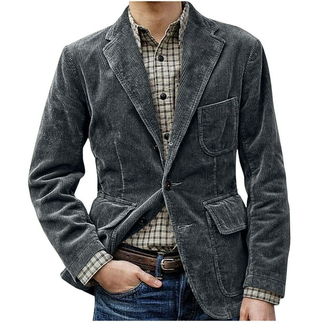 Gray Mens Victorian Renaissance Peasant Ethnic Basic Steampunk Blazers Outfit for Man Corduroy Work Office Modest Brunch Fall Winter Blazers Button Up 2025 Clothes L