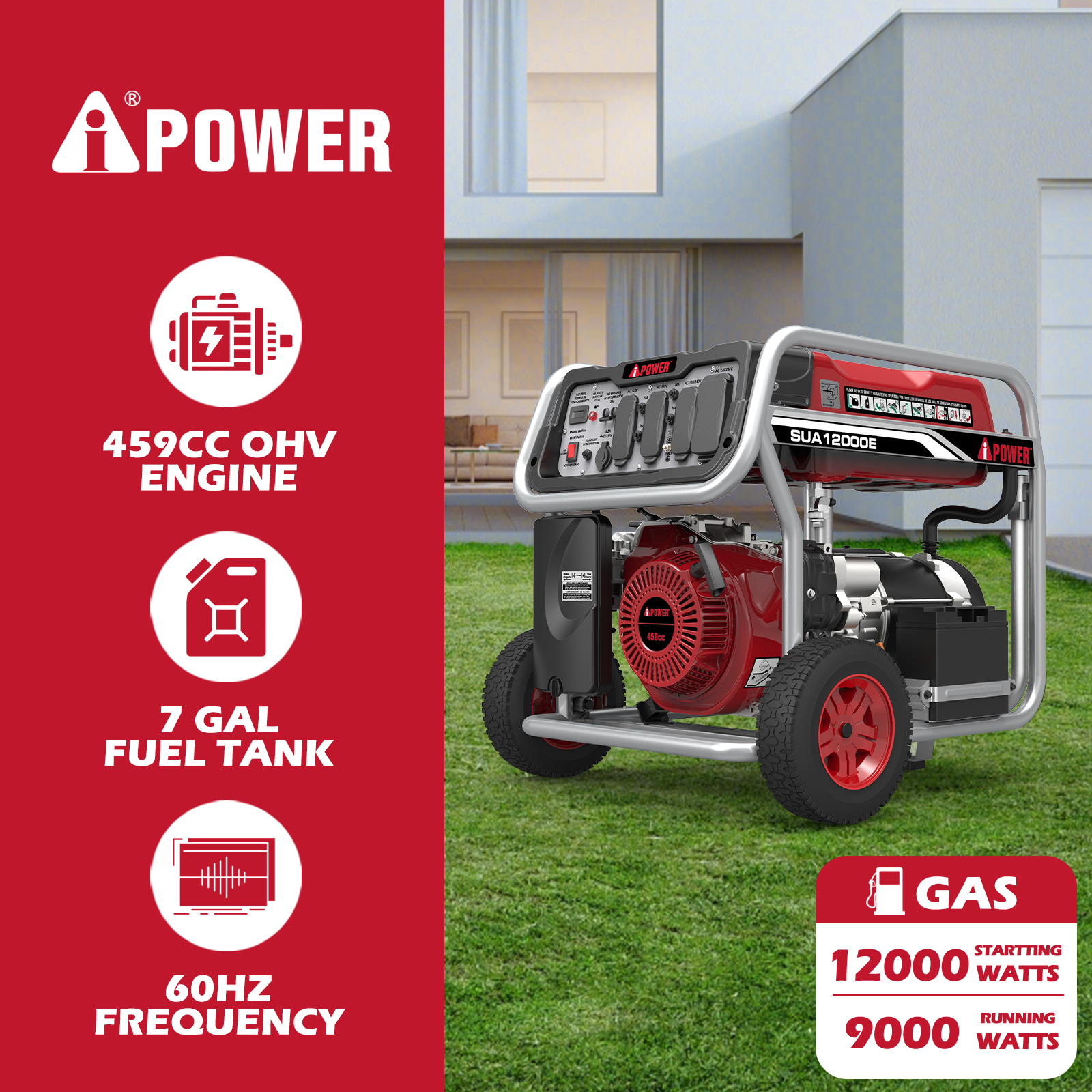 A iPower 12000 Watt Portable Gas Powered Generator w/ Electric Start & Wheel Kit - image 2 of 7