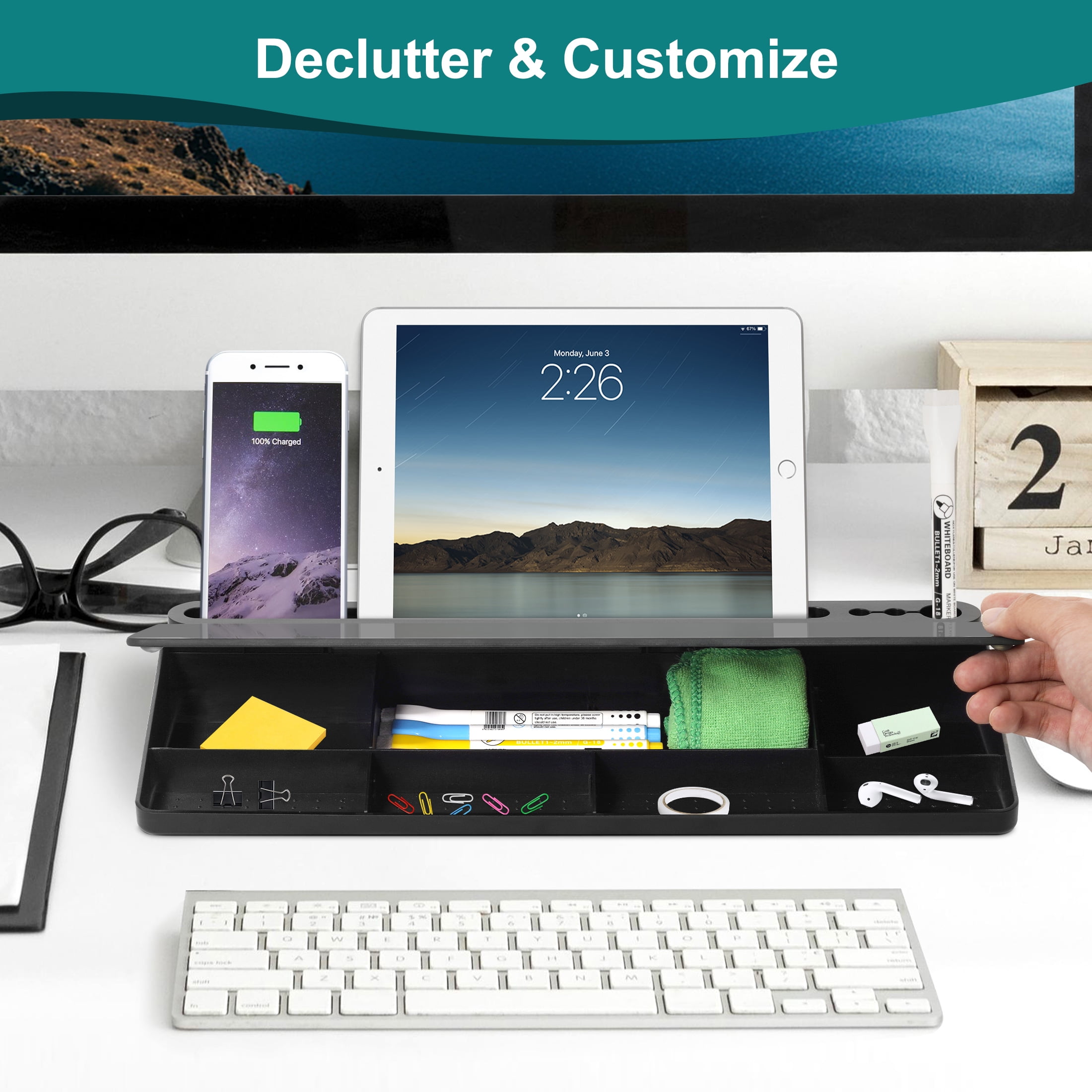 DOLLAR BOSS Deskboard Buddy Desk White Board with Computer Keyboard Stand, Desktop Glass Whiteboard with Storage, Black Dry Erase Board with Drawers for Home Office Desk Organizers with Accessories