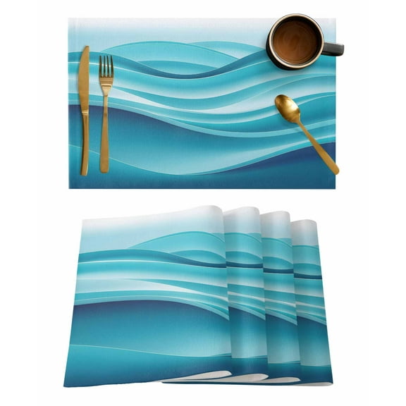 Placemats Set of 8, Turquoise Striped Woven Placemat, Linen Place Mats for Kitchen/Dining Tables, Modern Abstract Art Wave Moire Gradient Washable Table Mats for Party