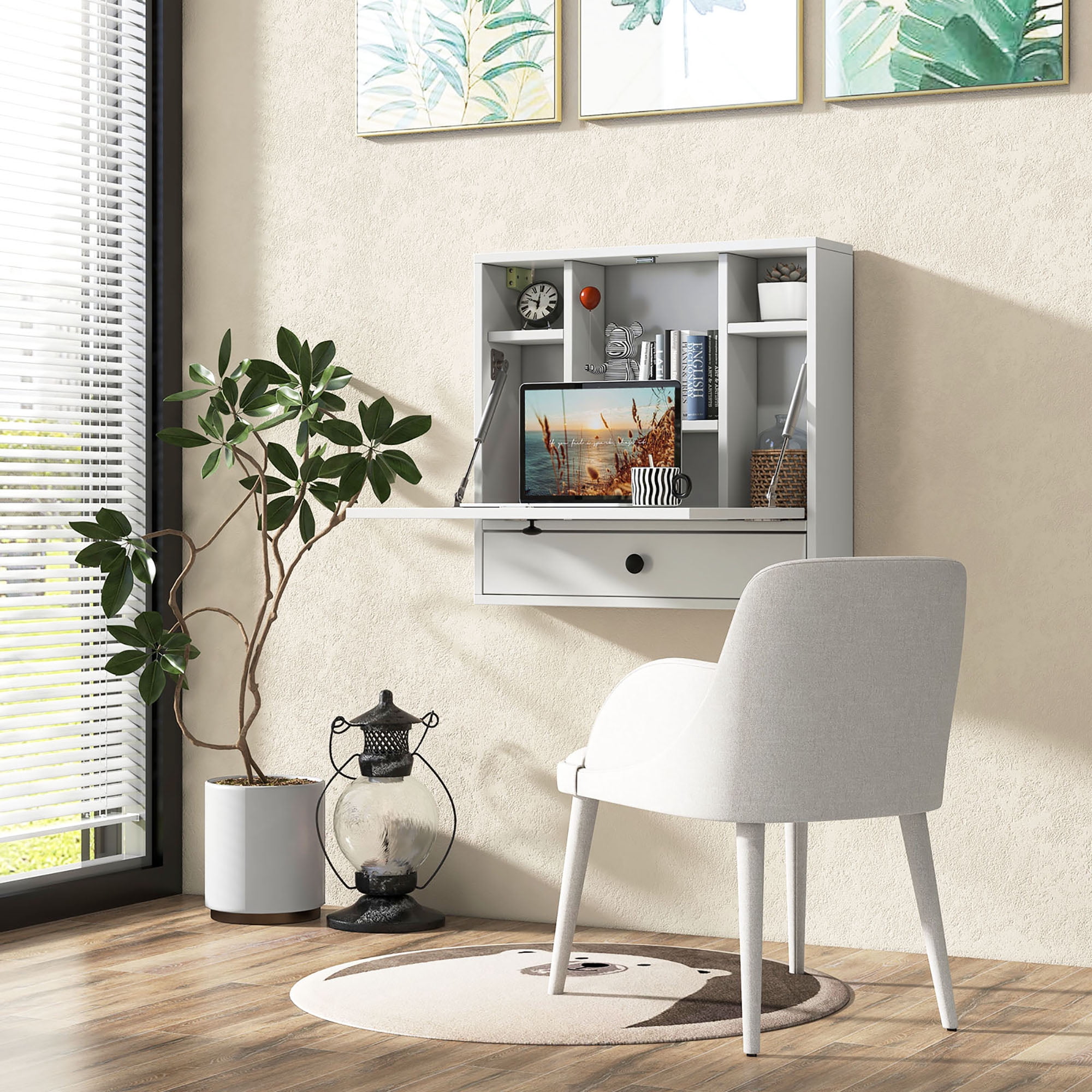 Gymax Wall-mounted Desk Floating Computer Workstation w/ Storage Shelves Home Office White