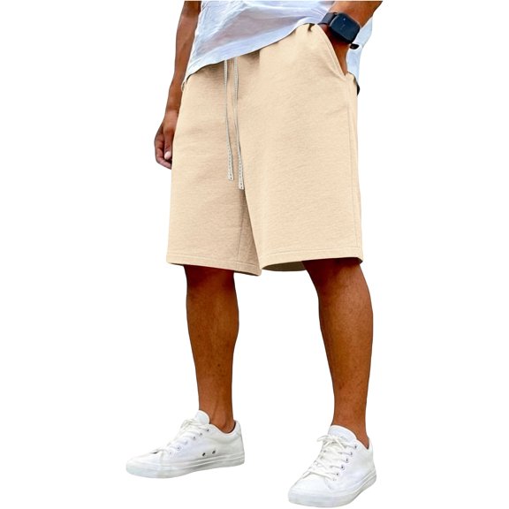 longantii Men's Casual Athletic Shorts Loose Knee Length Drawstring Sweat Shorts Solid Color Gym Loungewear with Pockets Beige XL