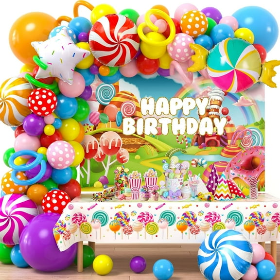 JL 134Pcs Candyland Party Decorations Birthday Supplies Candyland Balloon Arch Backdrop Tablecloth Star Lollipop Foil Balloons Girl Boy Kid Christmas Sweet Candy Themed Birthday PartyDecorations