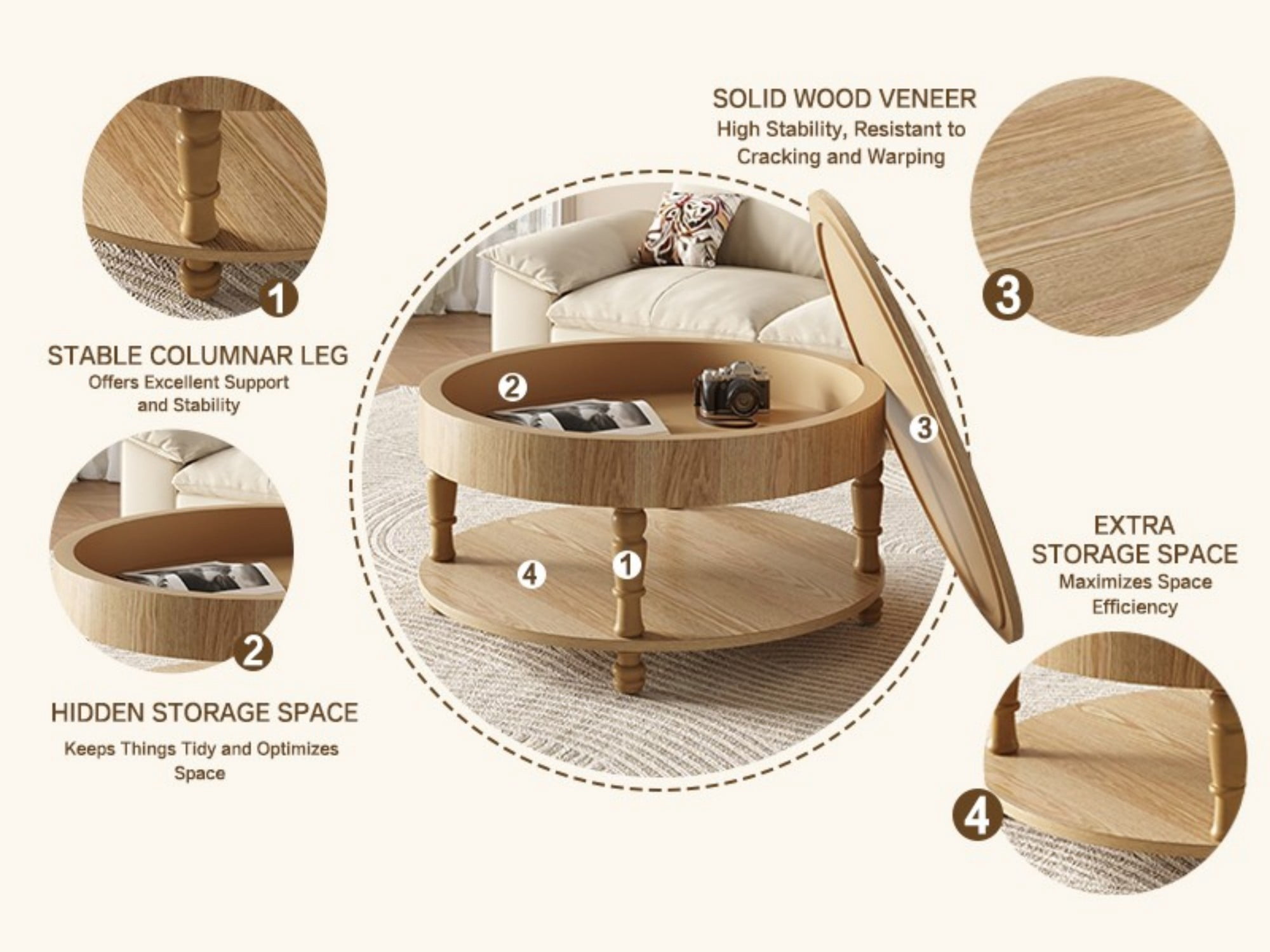 Round Coffee Table with Storage, 31.5" Modern Coffee Table with Hidden Compartment and Shelf, Wood Living Room Center Table, Natural